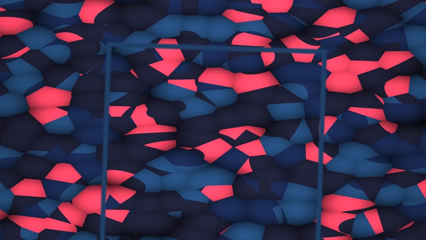 Dark geometric abstract motion background with scattered red and blue angular shapes.