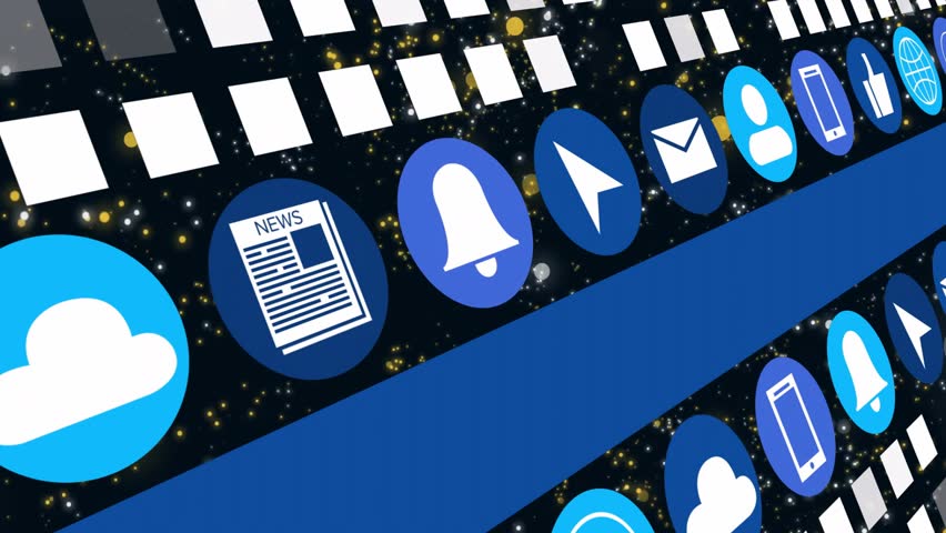 Animation of digital icons for communication and technology on sparkling background. innovation, network, connectivity, electronics, futuristic, cyberspace