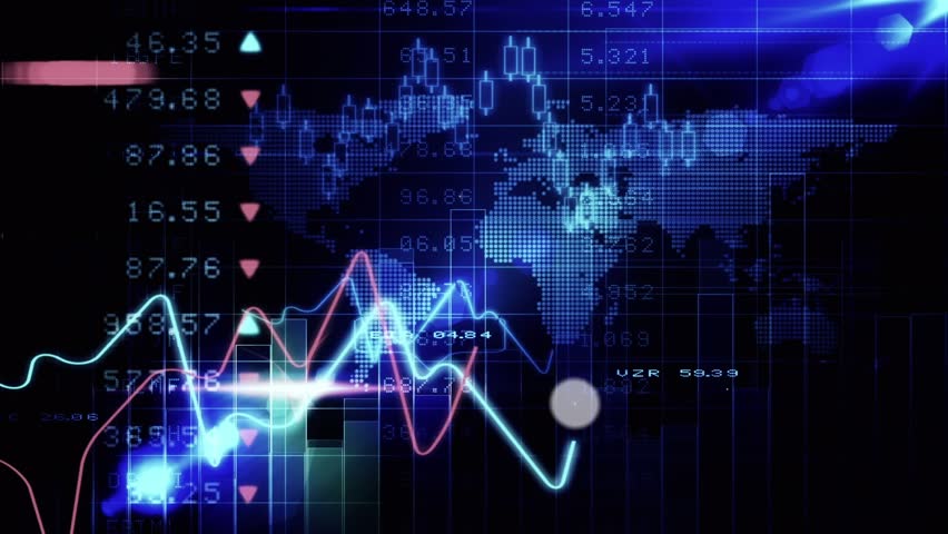 The blue technology stocks and shares screen shows the value of different tech stocks and shares. The values are constantly changing and the screen is updated in real-time.