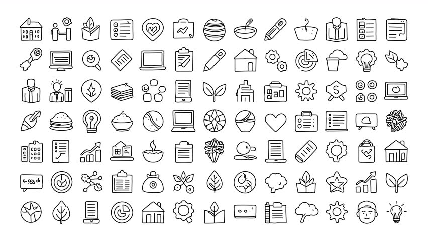 Eco, health, and office elements in a 4K hand-drawn doodle animation. Features alpha channel on transparent background.