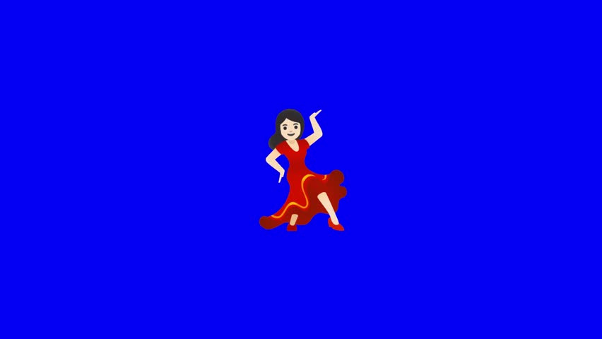 Smooth looping animation of a cheerful female dancer with a light skin tone wearing a flowing red dress, on a solid bright blue background. She performs a graceful flamenco.