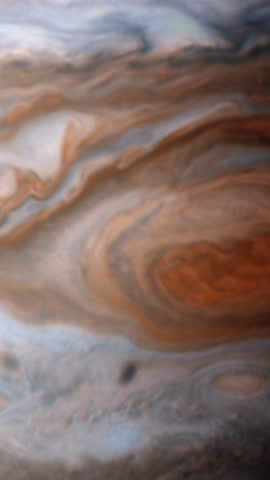 Detailed simulation of Jupiter’s turbulent clouds with two orbiting moons in space, dramatic gas giant atmosphere and planetary science concept. 15040