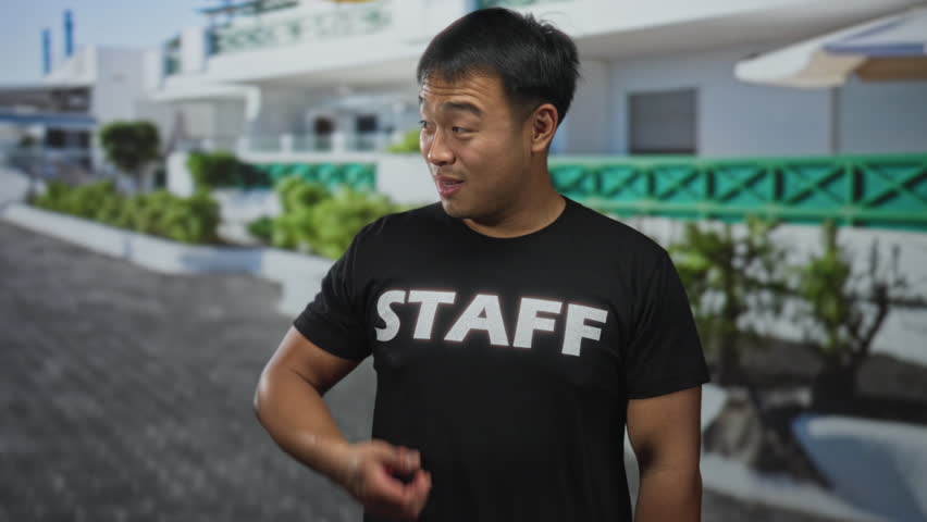 Young chinese man in black staff shirt shows thumbs up with raised hand on street outside building; optimism support.