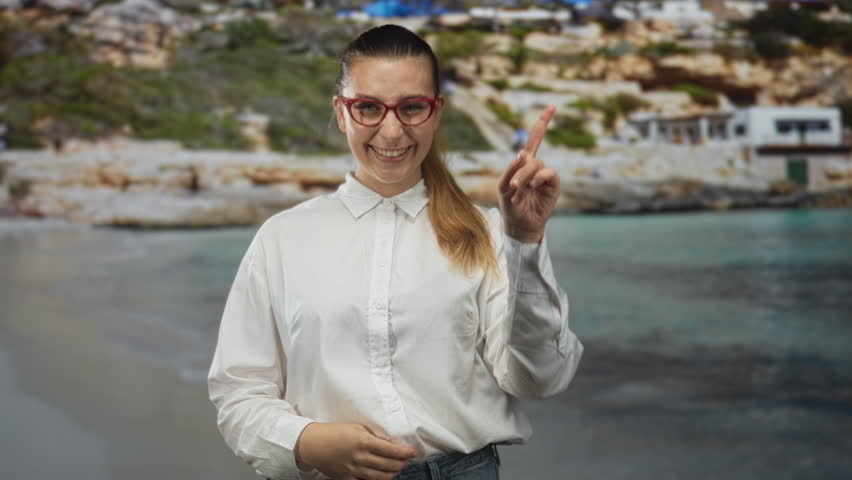 Woman pointing index finger, wearing red glasses and white shirt, standing by a rocky seaside building with turquoise water; friendly joy.