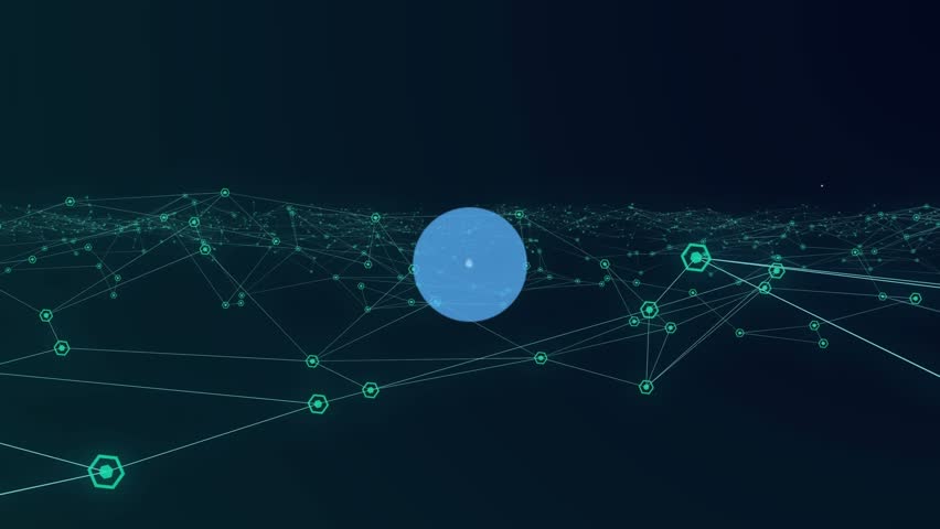 Animation of flow chart of icons moving over profile icons and dots connected with lines. Digitally generated, hologram, illustration, ideas, message, communication and technology concept.