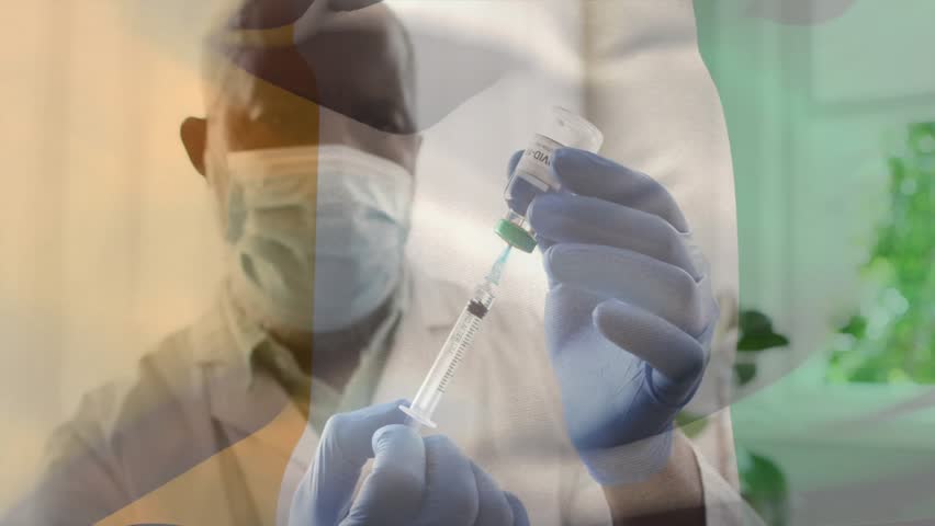 Doctor picking vaccine vial and preparing syringe with animated dosage scale ensuring exact dosage. Medical, healthcare, sterile, precision, diagnostics, professionalism, clinical