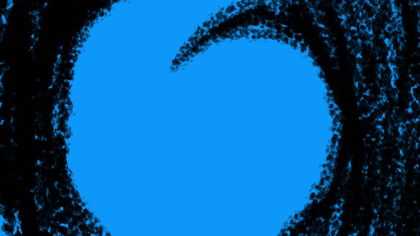 Transition with black particles filling blue screen. Artistic dry brush dots create dynamic frame change. Abstract stock video effect in 4K.