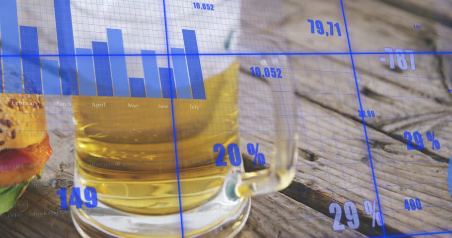 Mug closeup starting pan burger centering as blue charts sliding and updating metrics for menu data. Sandwich, fries, beer, rustic, woodgrain, infographic, analytics