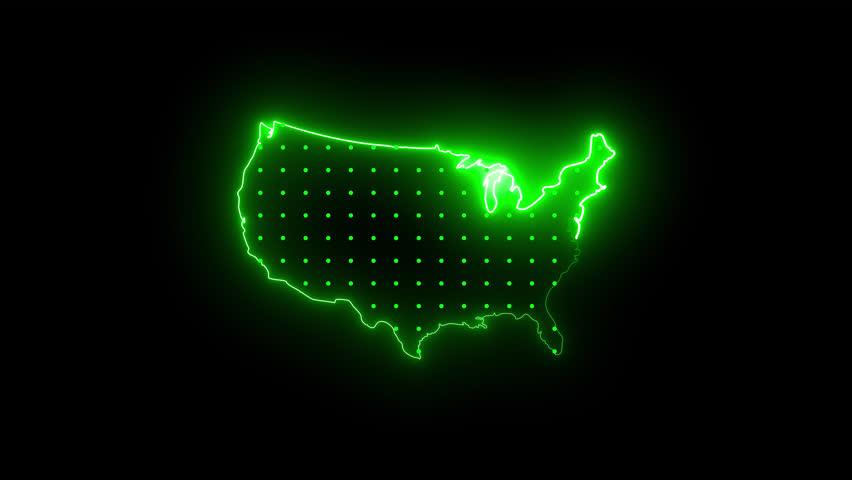 United States Map Animation with Neon Green Light. Digital Cyber Style, with Alpha Channel Background, 4K Loop.