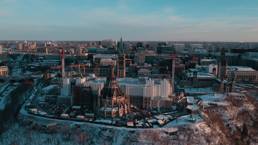 Aerial view of downtown Ottawa canada skyline over the river in the winter