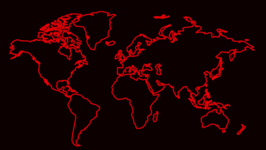 World map animation with global problems show in red warning circle radial pulse waves. Targets on the map for location of some issue. background 4k footage with glowing. glowing Blu world map icon.