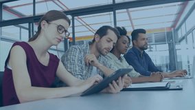 Animation of programming language over diverse colleagues with tablet sitting in boardroom. Digital composite, coding, data processing, teamwork, technology, meeting and office concept. - Powered by Shutterstock - Get 15% off with code: PIKWIZARD15