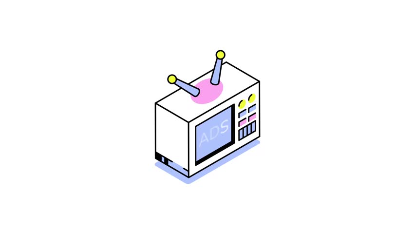 An isometric style animated icon representing tv commercial
