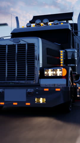 American style truck on freeway pulling load. Transportation theme.  aspect ratio 9:16, 4k 3D illustration