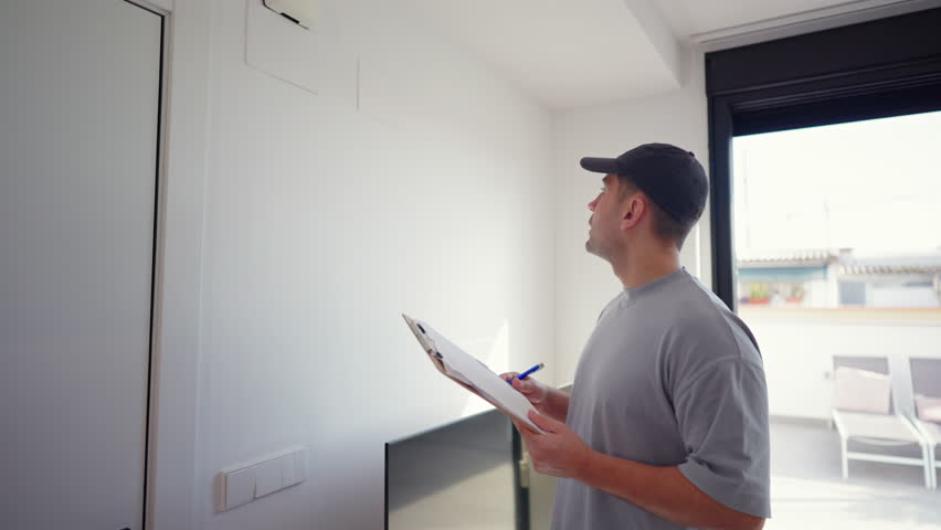 Service worker holding clipboard reaches toward wall device inside modern apartment. Indoor scene reflects property inspection, technical check and professional home maintenance routine.