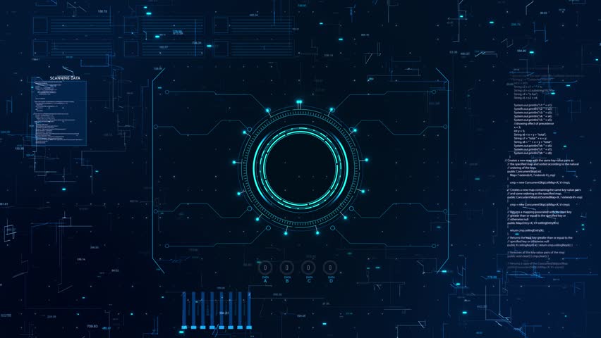 High tech interface screen circular HUD display, charts, graphs analytics panels background. data monitoring system visualization for technology presentations dashboards cybersecurity innovation media