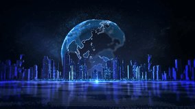 Futuristic Smart City Skyline Digital Earth Global Network glowing digital earth globe global data connections urban buildings. worldwide network, technology, big data, innovation, connected cities - Powered by Shutterstock - Get 15% off with code: PIKWIZARD15