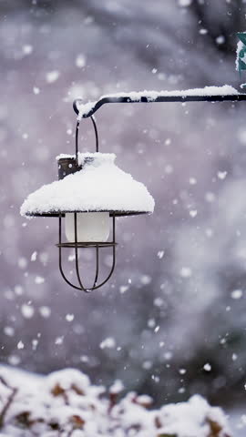 Vertical view of lamp as the snow falls and vehicle drives by in slow motion during winter storm in Utah.