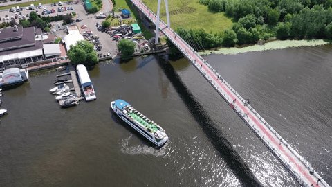 Drone Orbiting Boat near Pavshinsky Bridge