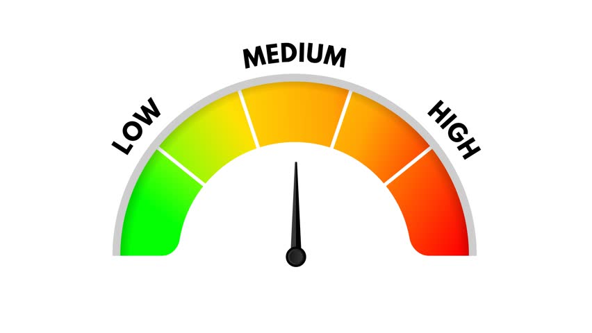 Semi‑circular gauge animation with a pointer fixed at the medium level. Ideal for dashboards, apps, websites, and data visualisation projects showing balanced or moderate performance, risk, or intensity.