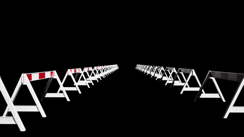 Two parallel rows of white and black sawhorses with one red and white striped barrier in the foreground, receding into the distance on a stark black background