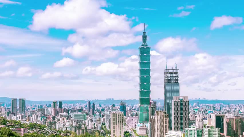 Taipei cityscape featuring the iconic Taipei 101 skyscraper on a sunny day, highlighting modern architecture, urban skyline, and vibrant city life.