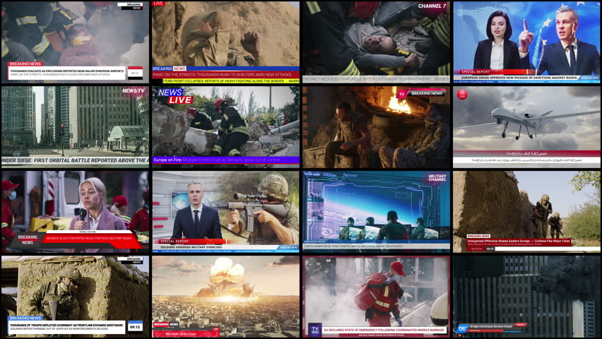 Screen Overwhelmed Contrasting Images, Faces of Anchors in Studios, Drones in Sky and Mushroom Clouds From Explosions. Text Overlays Announce Special Reports, Military Exercises. Infodemic Effect.
