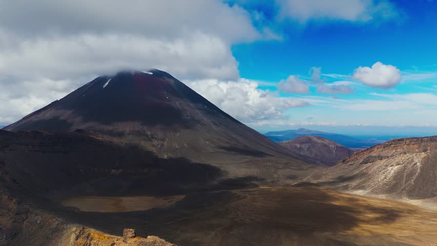 Tongariro Alpine Crossing - Hiking Across An Active Volcanic In Tongariro National Park, New Zealand. Aerial Shot