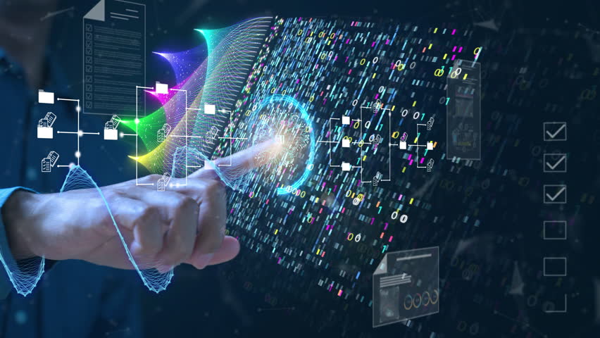Futuristic concept of an AI-powered document management system. Businessman finger touching a futuristic glowing digital interface with colorful wave lines and cascading binary code big data.