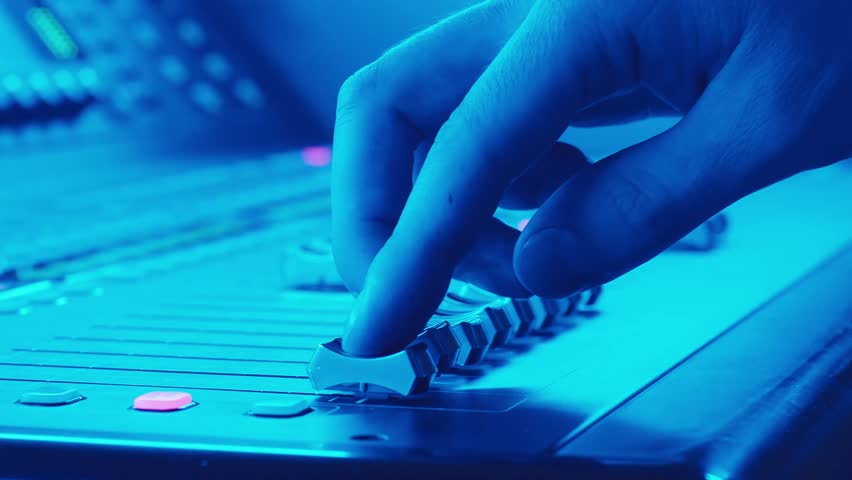 Sound Engineer Sliding Fader Macro, Mixing Console Balancing Track Levels, Music Production Technology Workflow