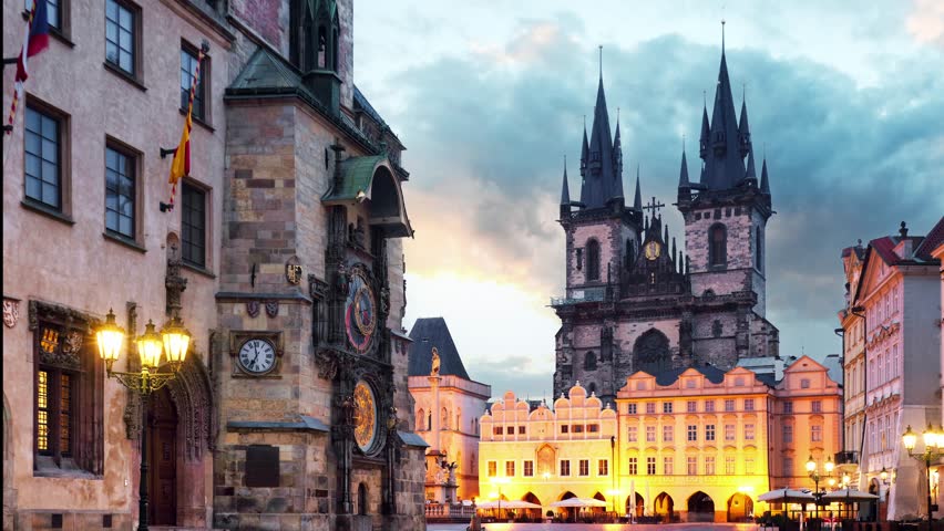 Time lapse of Prague, Czech Republic. Panoramic sunset view at Church of Our Lady Before Tyn the Old Town Square Praha city. Evening in prague, popular travel destination Europe