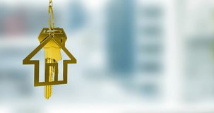 Animation of gold house key fob and key dangling over out of focus interiors with copy space. Home ownership concept digitally generated video. - Powered by Shutterstock - Get 15% off with code: PIKWIZARD15