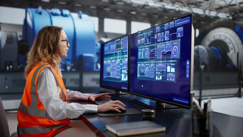 Women Engineer Monitoring SCADA System For Oil And Gas Production