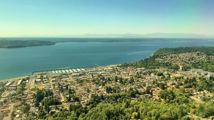 View from an airplane over Seattle-Tacoma International Airport before landing, taken in late August 2025