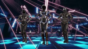 A trio of photorealistic 3D futuristic soldiers wearing advanced cybernetic armor and helmets performing a synchronized dance routine. The environment features a futuristic blue neon grid floor with pink geometric light lines in a dark cinematic space. Perfect for sci-fi music videos, gaming promotions, and metaverse character showcases. - Powered by Shutterstock - Get 15% off with code: PIKWIZARD15