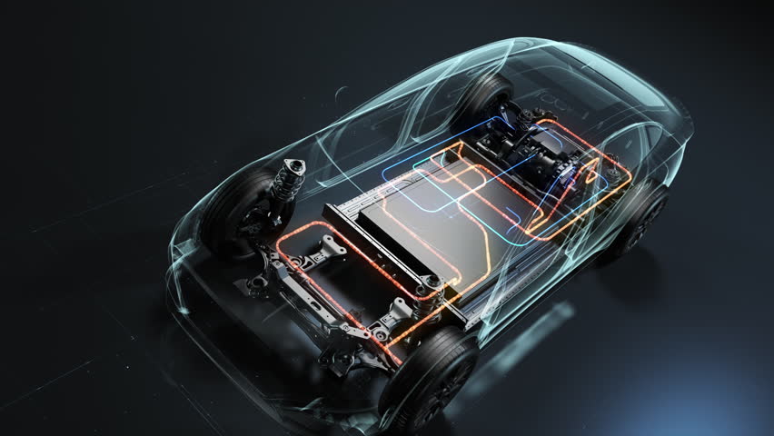 Electric car battery cooling system with circulating liquid thermal management.