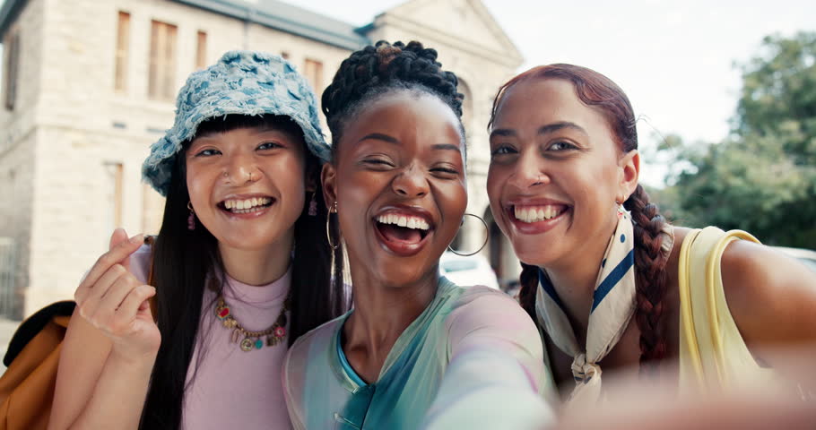 Smile, selfie and portrait with students outdoor for social media post, diversity or profile picture pov. University memory, photography and education with women on campus for study opportunity