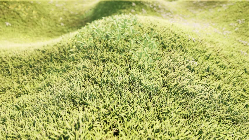 Green grass hills spring landscape nature bg 4k. 3D Illustration
