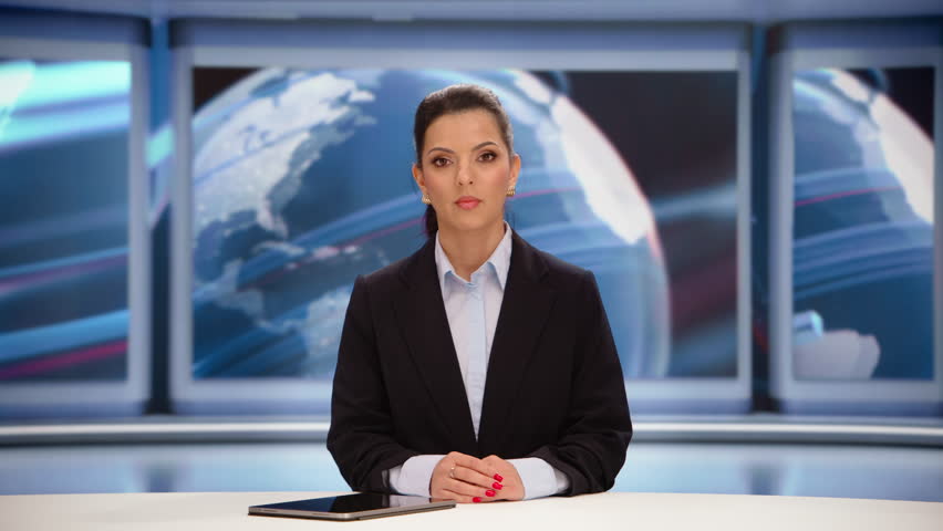 TV Live News Program with Professional Female Presenter Reporting. Television Cable Channel Anchorwoman Talks, Business, Economy, Entertainment. Mockup Network Broadcasting Playback