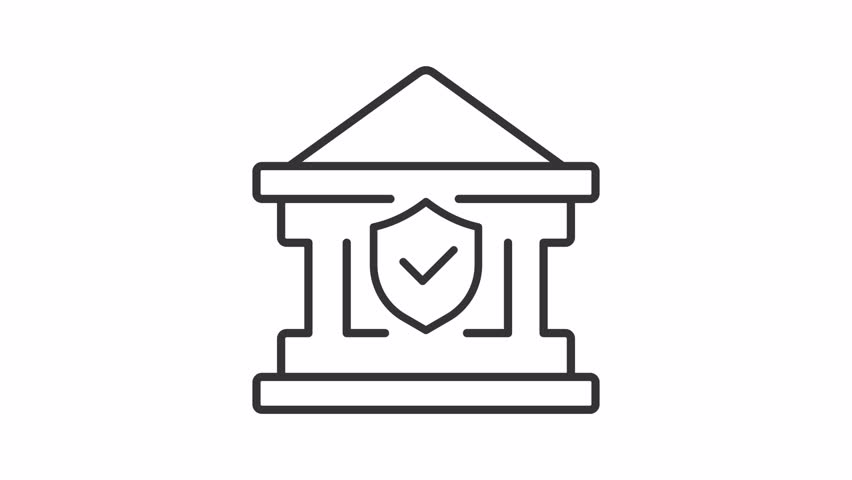 Animated bank insurance line icon. Government building with shield animation. Financial security providing. Approval mark. Outline element on white background. HD video with alpha channel