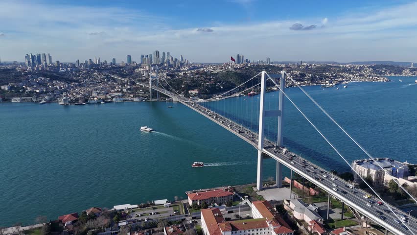 Aerial view of the Bosphorus Bridge (15 July Martyrs Bridge) in Istanbul with turquoise sea and sunny clear sky, Turkey.