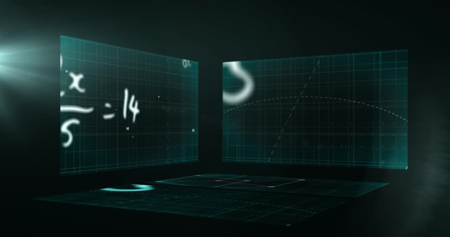 Animation of math formulas over globe and digital screens on black background. Science, math, data and learning concept digitally generated video.