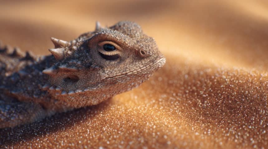 Macro Close Up of a Horned Lizard in a Sandy Desert Environment