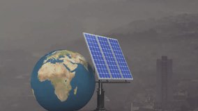 Animation of financial data processing over globe and solar panels. Global solar energy, finance, business, connections, computing and data processing concept digitally generated video. - Powered by Shutterstock - Get 15% off with code: PIKWIZARD15