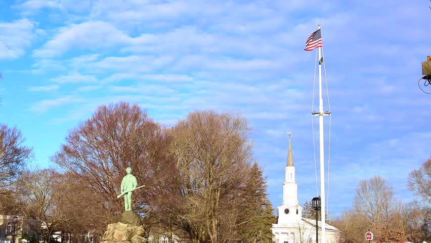 Waving American Flag, Minuteman Statute, Battle Green, Birth Place, Lexington – Massachusetts. 250th Anniversary of America. 2026