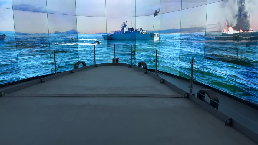 Naval training display inside the museum. Ships in a museum. Pirate Ship Museum. Naval battle battleship from world war.