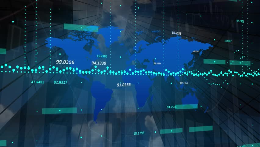 Animation of financial graphs and data over world map in navy space. Global business, finance and economical crisis concept digitally generated video.