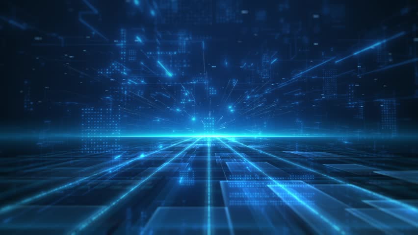 Blue technology line particles, high tech particles shuttling through space, high-speed futuristic abstract background, digital data streams creating glowing pathways in deep blue space.