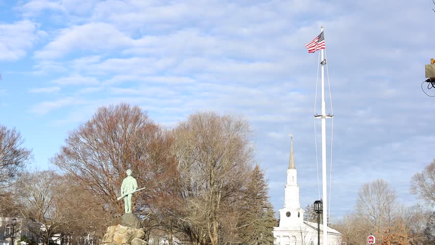American Flag, Minuteman Statute, Battle Green, Birth Place, Lexington – Massachusetts. 250th Anniversary, Feb. 19 2026
