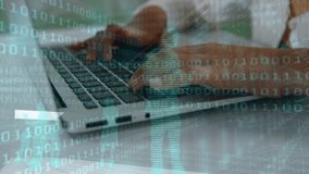Animation of binary code over hands of asian girl using laptop. Computers, programming, data processing and technology concept digitally generated video. - Powered by Shutterstock - Get 15% off with code: PIKWIZARD15